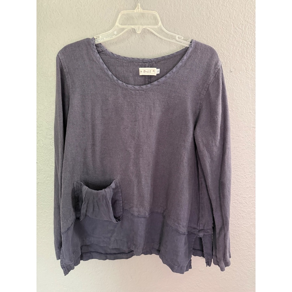 Bodil Lagenlook 100%Linen Tunic SM Top Purple Grey Long Sleeve Pocket‎ Textured